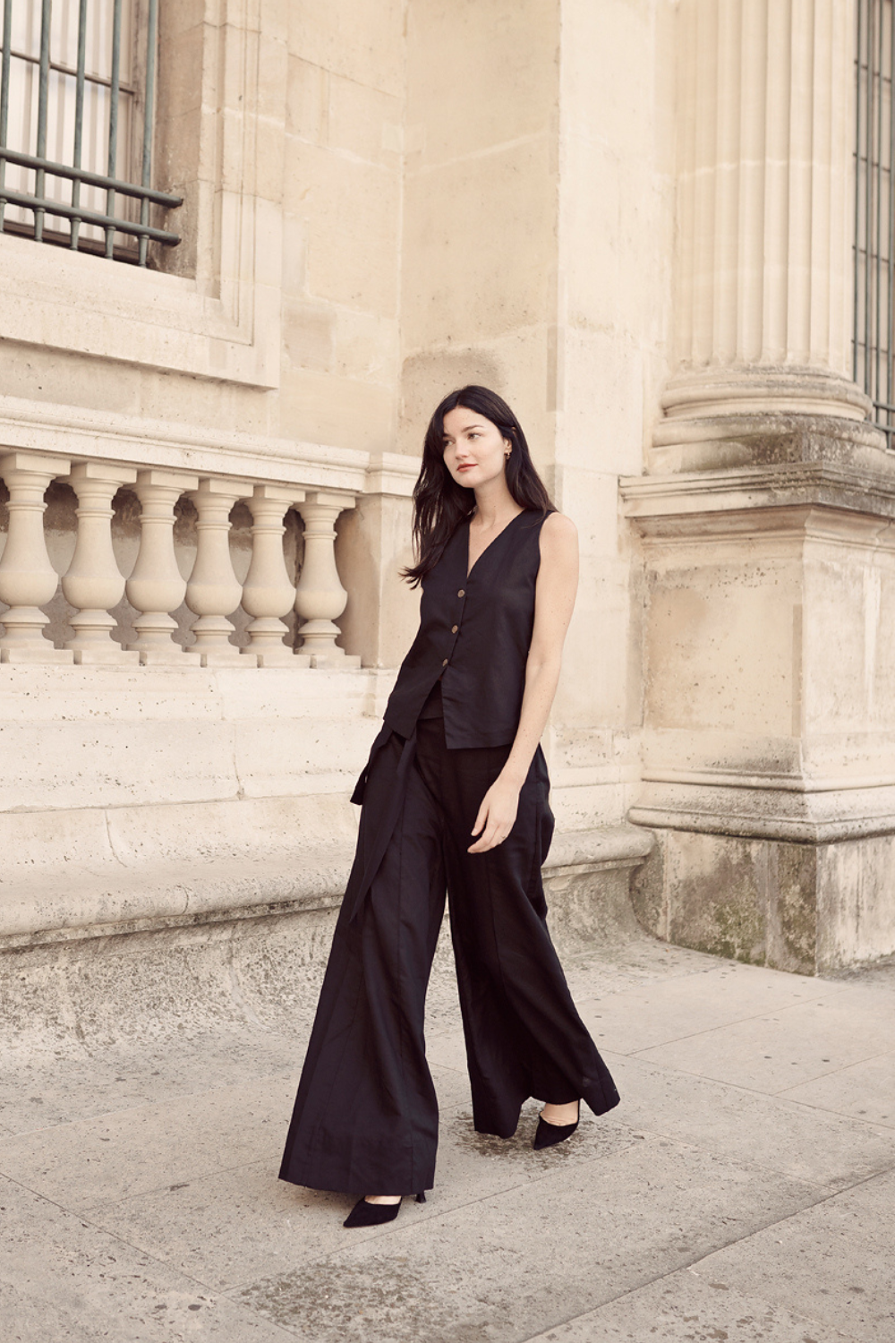 Pure Linen Relaxed Waistcoat and Wide Leg Pants Set for Women