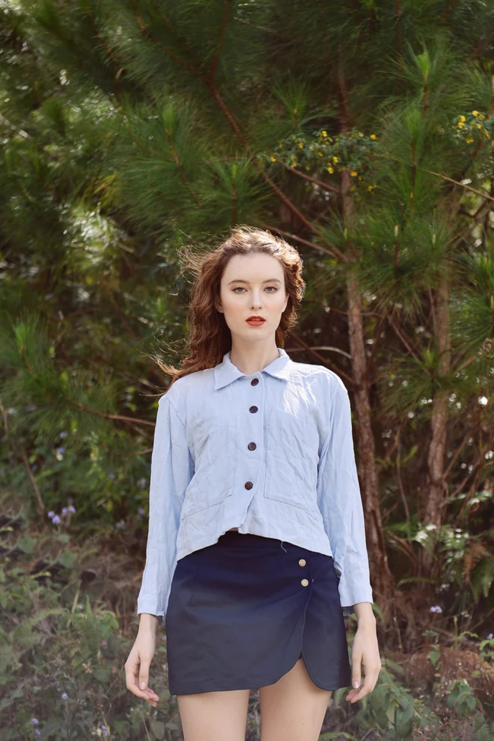 Blue Linen Button Front Blouse