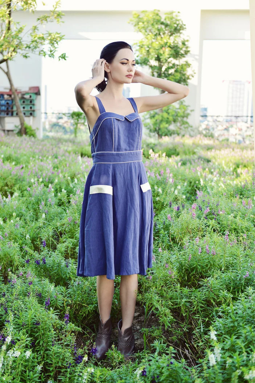 Linen Pinafore Dress with Flap Pocket