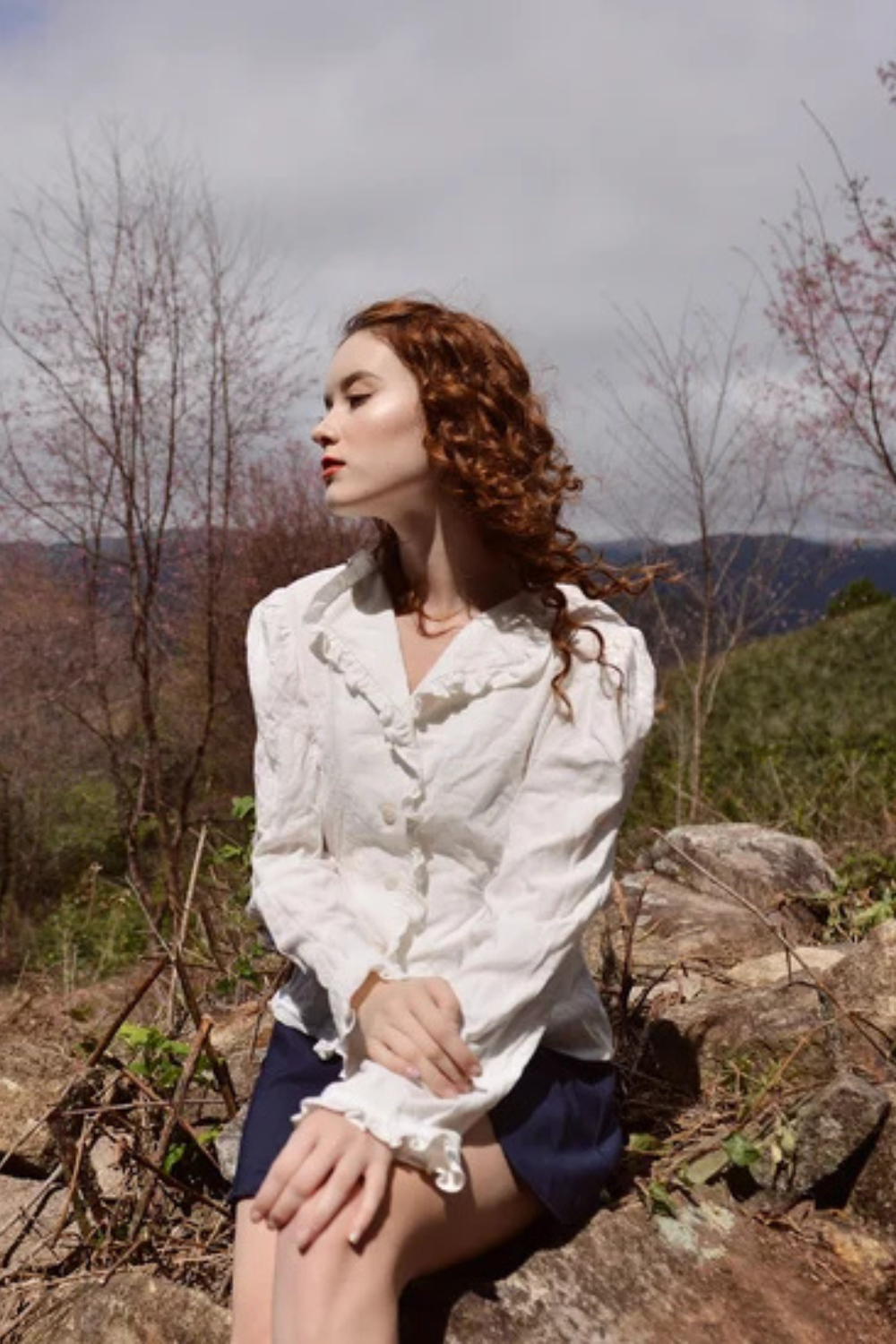 Whimsical Linen Blouse with Ruffle Collar