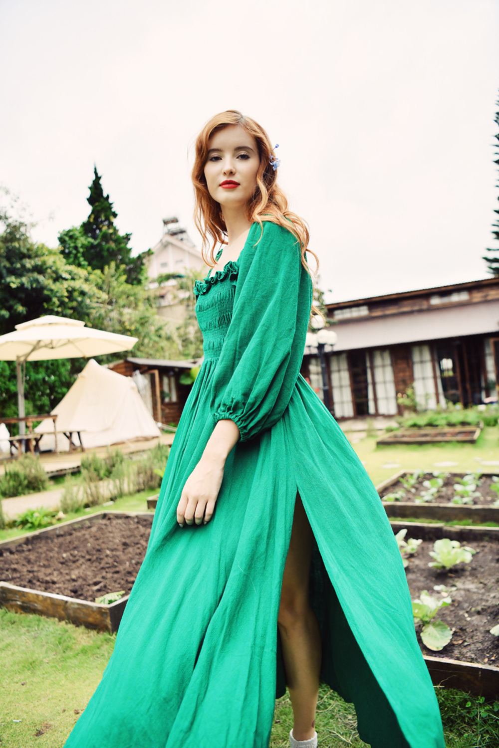 Cotton Linen Milkmaid Midi Dress for Women