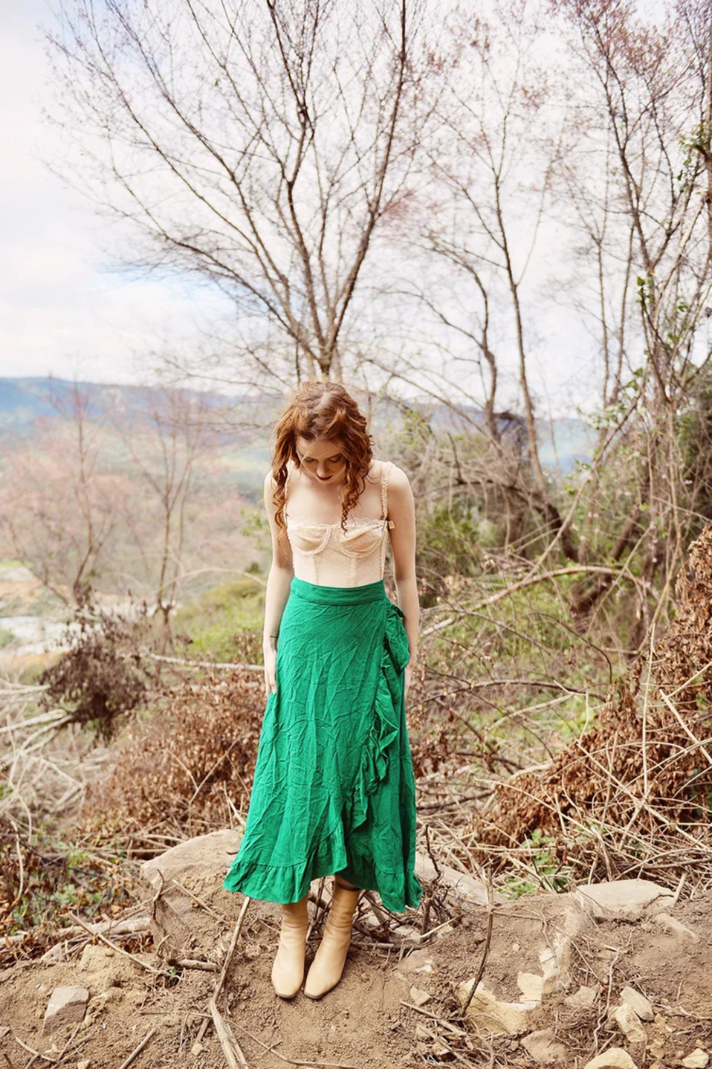 Cotton Linen Ruffle Trim Wrap Skirt