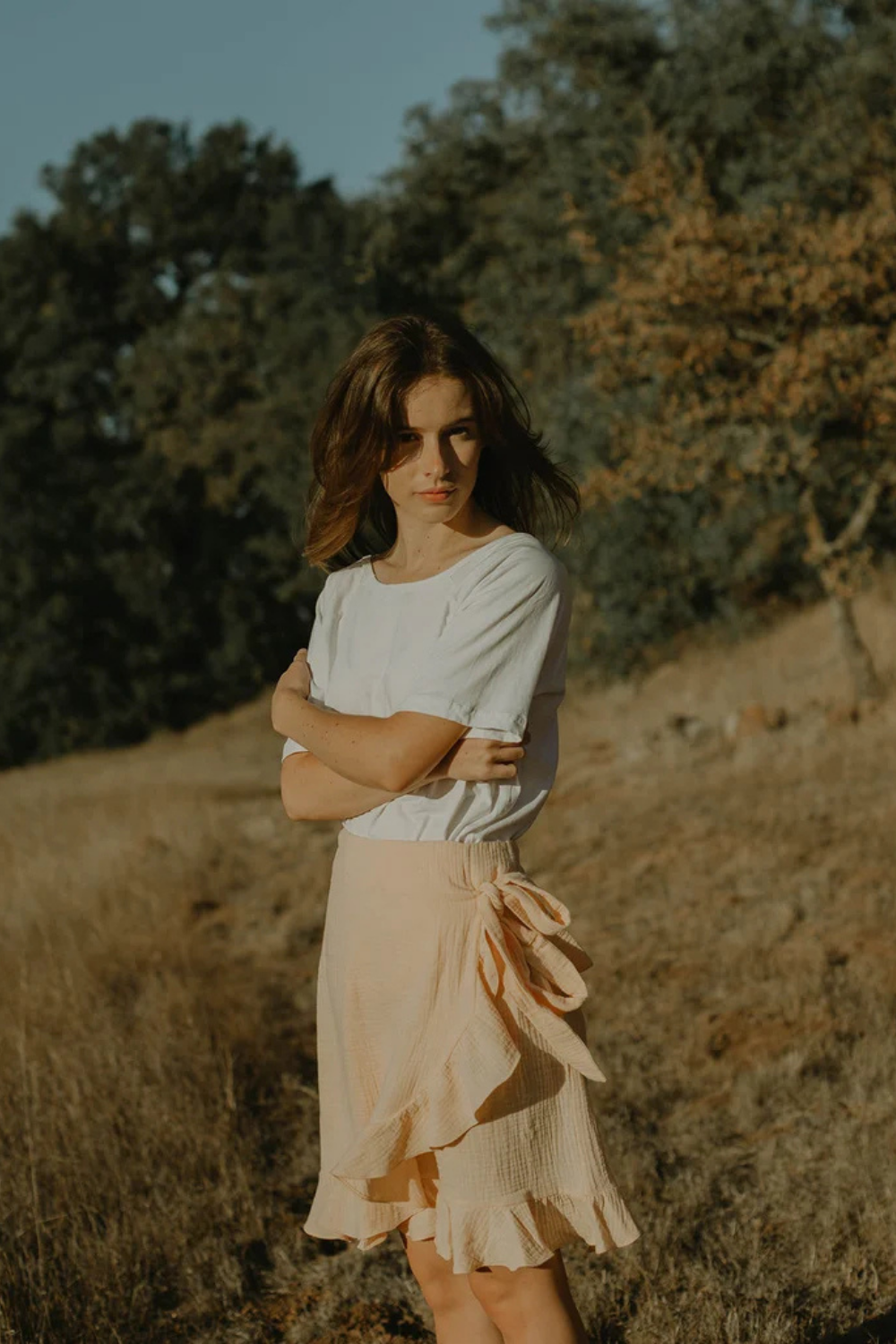 Linen Ruffle Wrap Skirt with Bow Tie