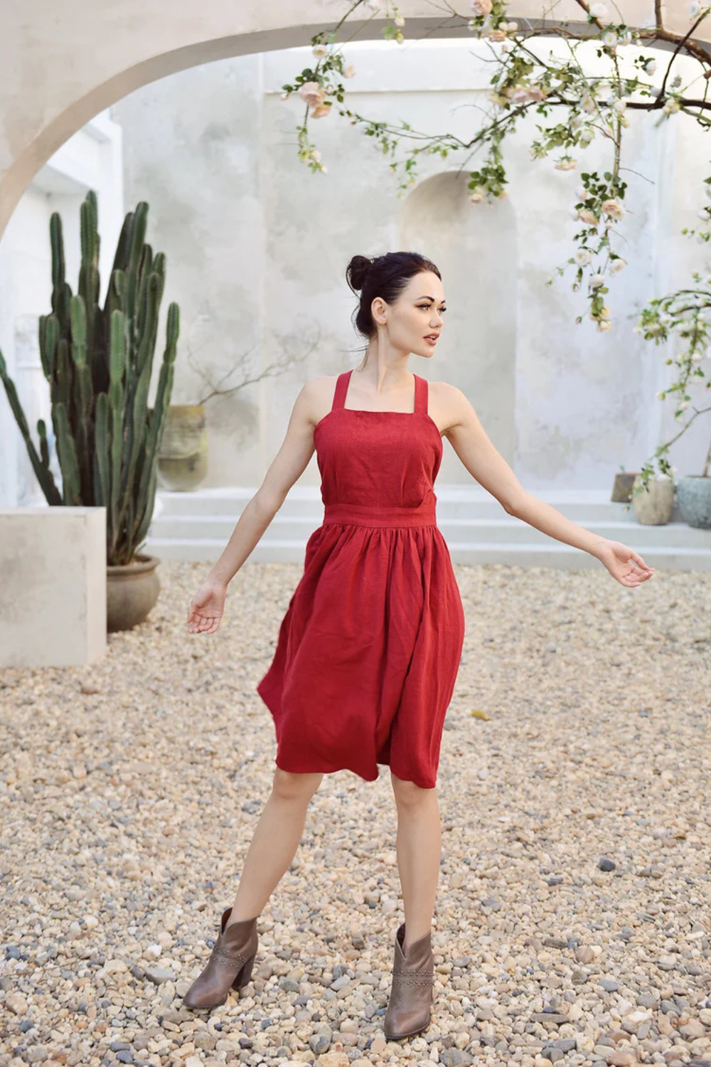 Red Cotton Cross Back Apron Dress