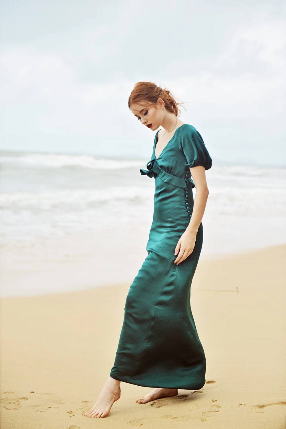 Maxi Silk Dress - Emerald Silk Dress - Silk Dress with Sleeves - Bridesmaids Silk Dress - Long Silk Gown