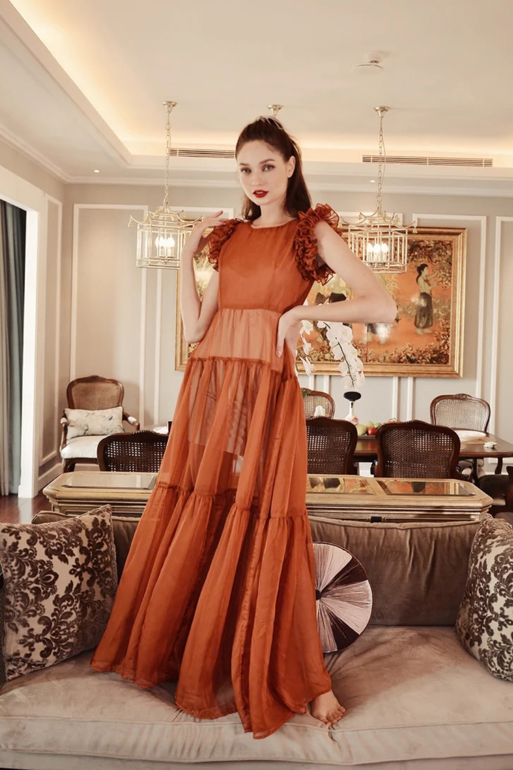 Sheer Voile Maxi Dress with Ruffle