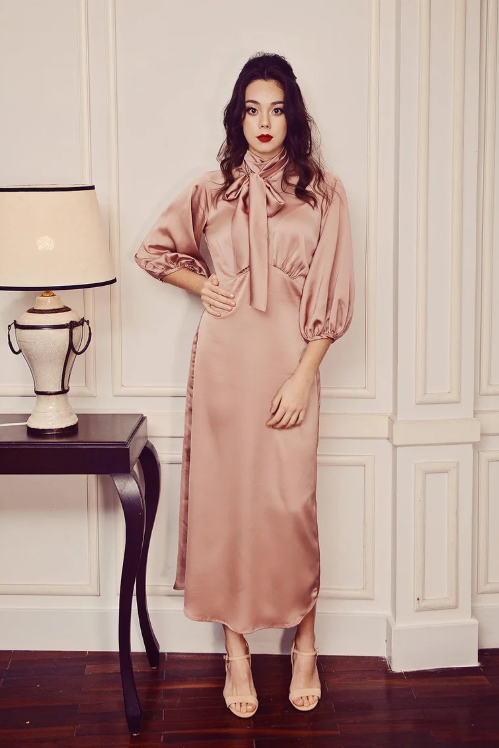 Vintage Silk Midi Dress with Statement Bow