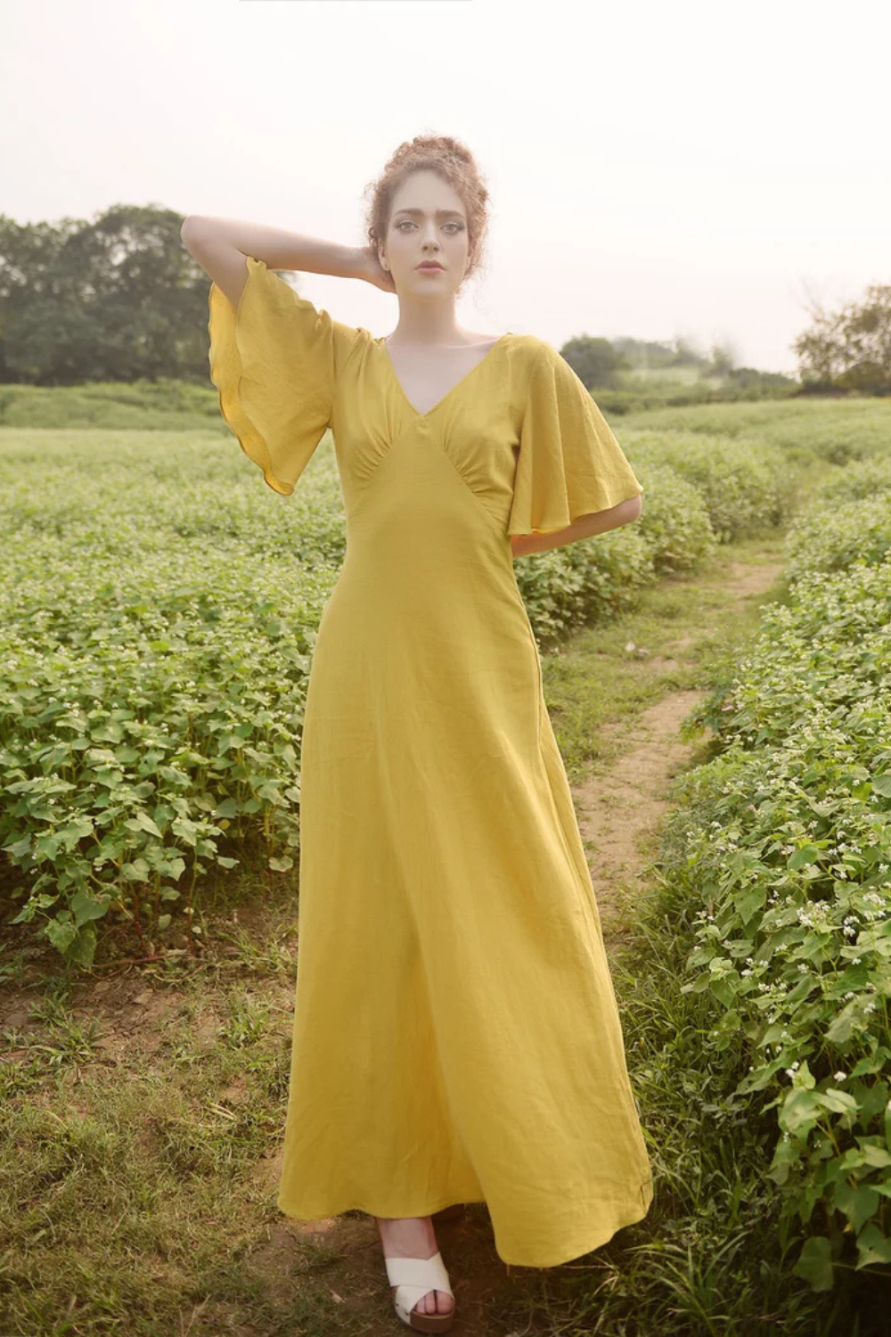 Long Cotton Dress - Gold Dress - Dress for Women - Summer Dress - Comfy FloorLength Dress - Natural Fabric