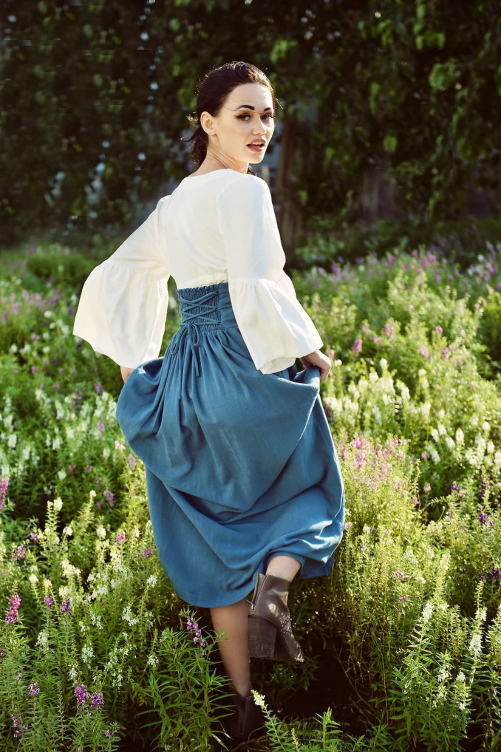 Bohemian Linen Maxi Skirt with Elastic Waist