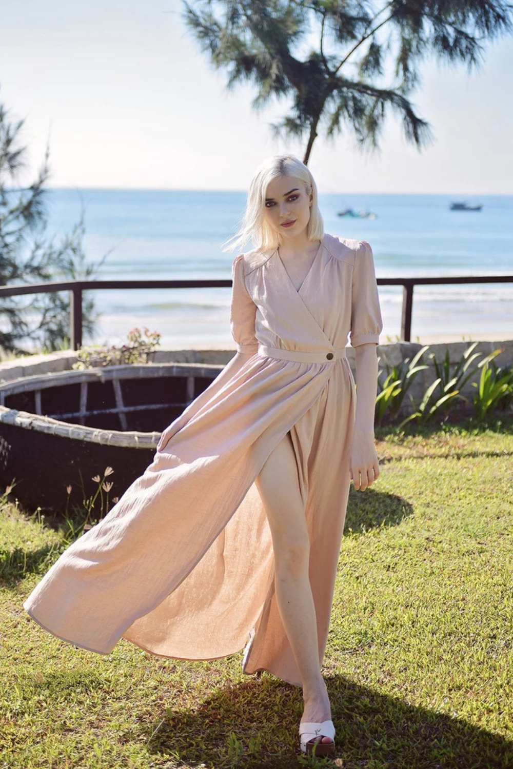 Organic Cotton Linen Wrap Maxi Dress with Sleeves