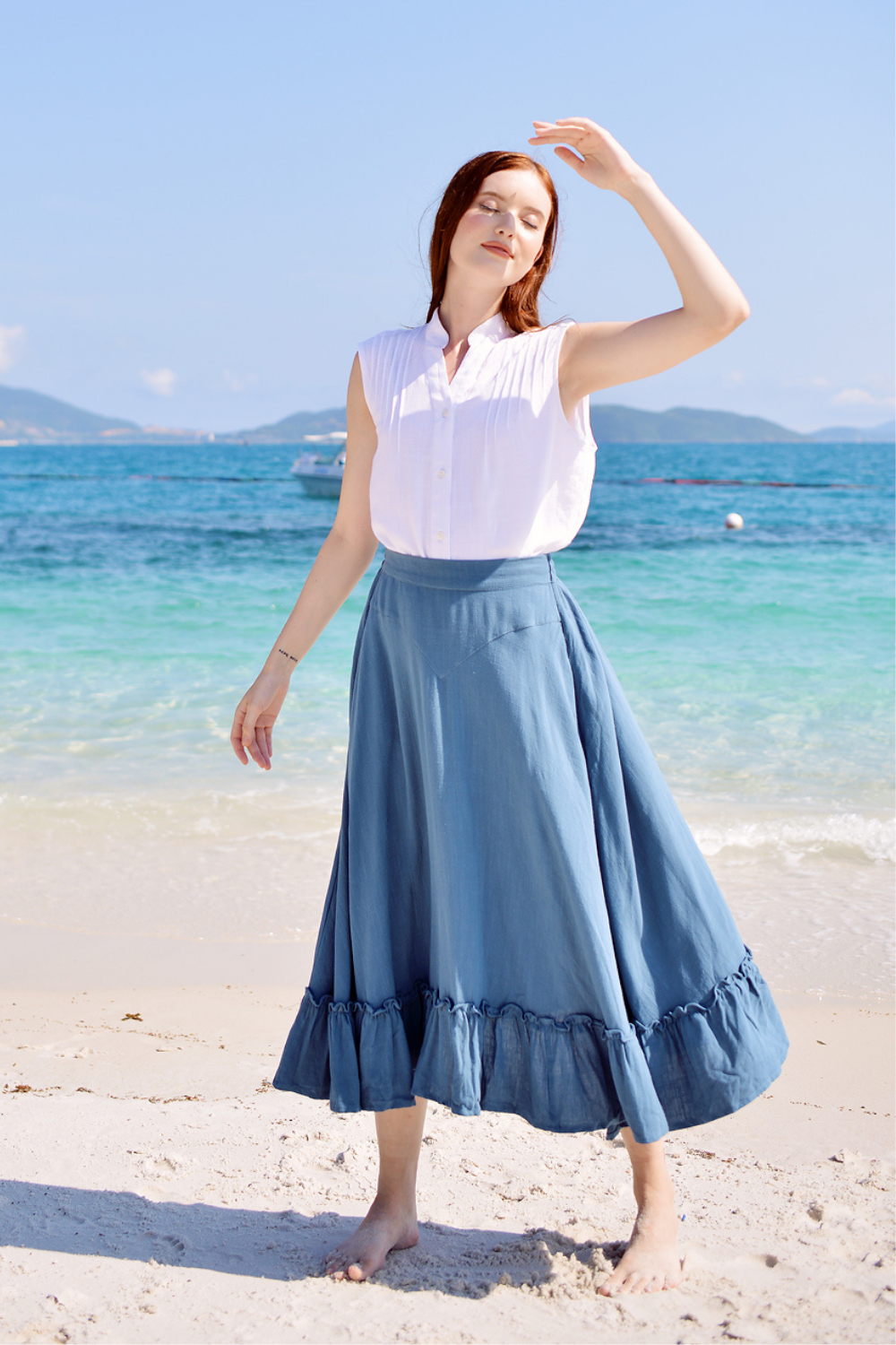 Organic Cotton Linen Midi Skirt with Ruffled Flounce Hem