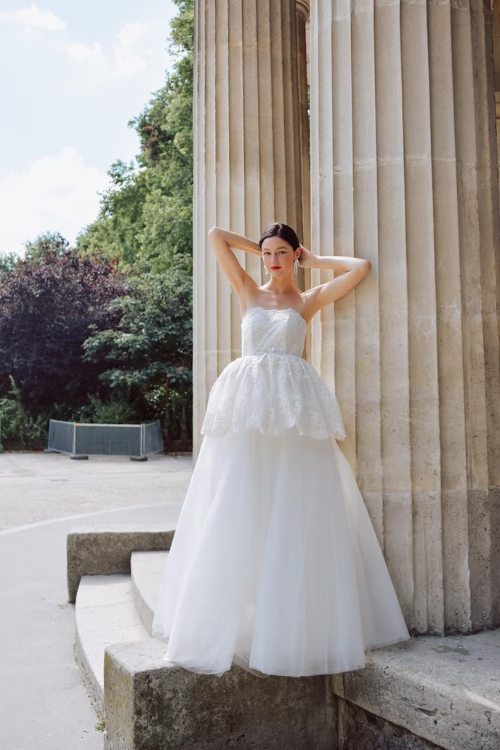 Sylvie Basque Waist Wedding Dress in Lace and Organza