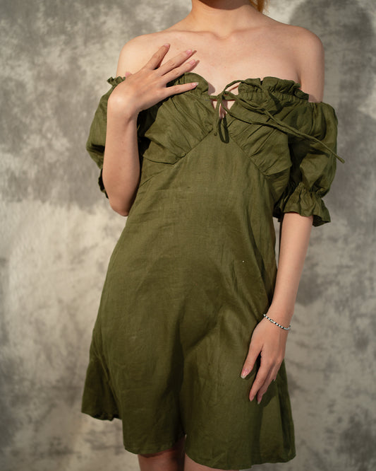 Off shoulder Linen Dress- Seaweed- Like New- Worn Once For Photoshoot