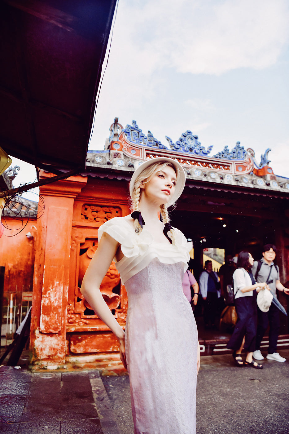 Roseline Heritage Mulberry Silk Midi Dress with Structured Silk Organza Details
