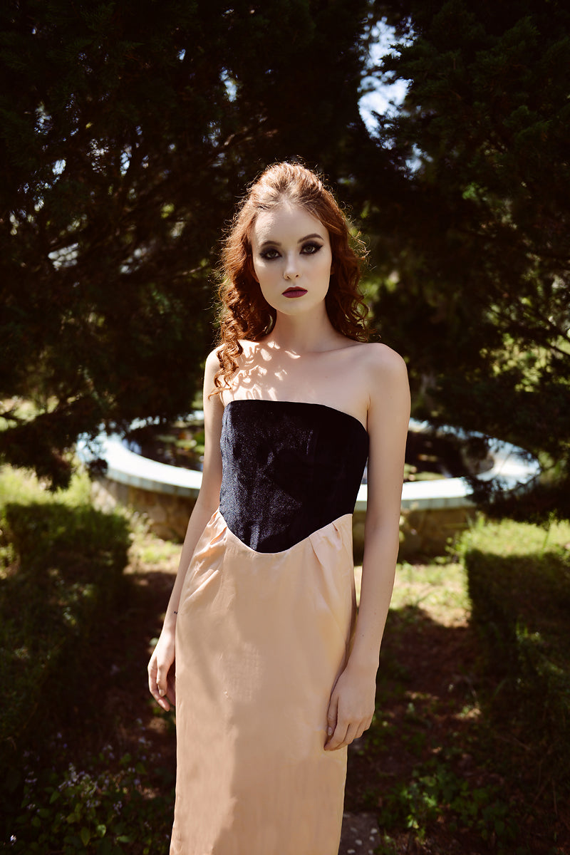 Back Slit Midi Dress - Black Velvet with Peachy Silk Dress - Sleeveless Dress