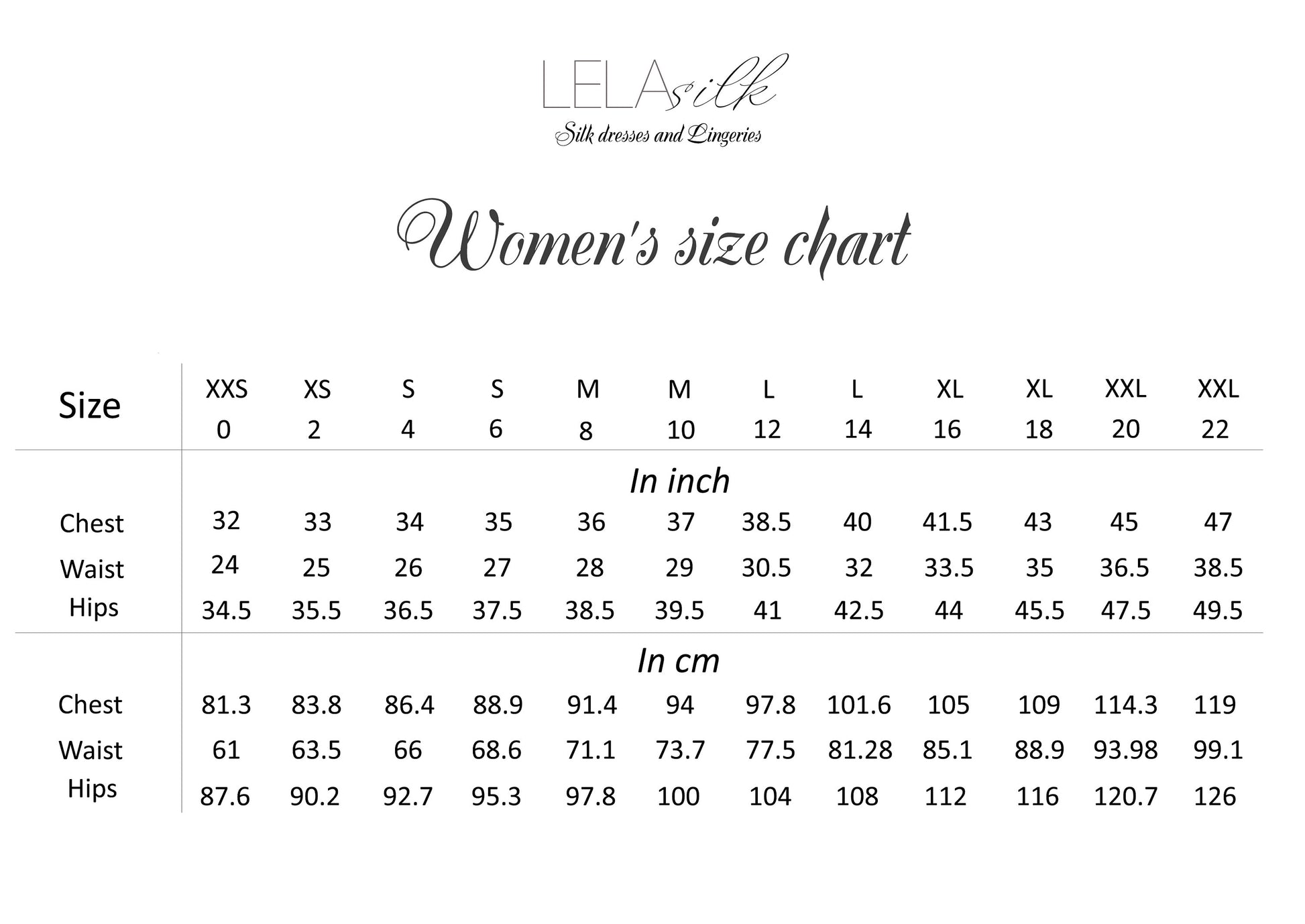 Size chart - silk dress