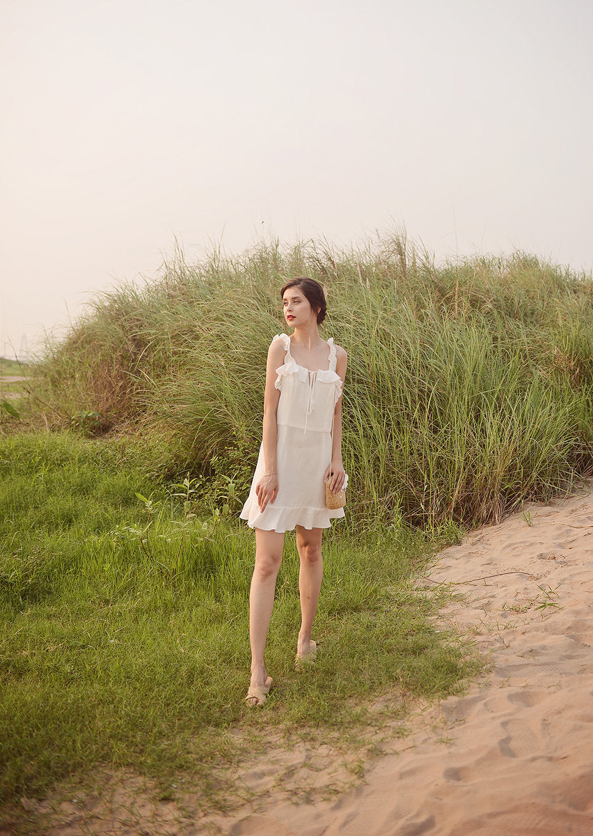 Linen White Summer Dress - Women Frills Dress - Ruffles Cotton Dress - Natural Fabric