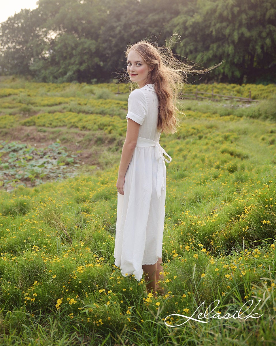 Summer Midi Linen Dress - Linen Dress with Collar - Midi Cotton Dress - Women White Midi Dress - Organic Cotton Clothing