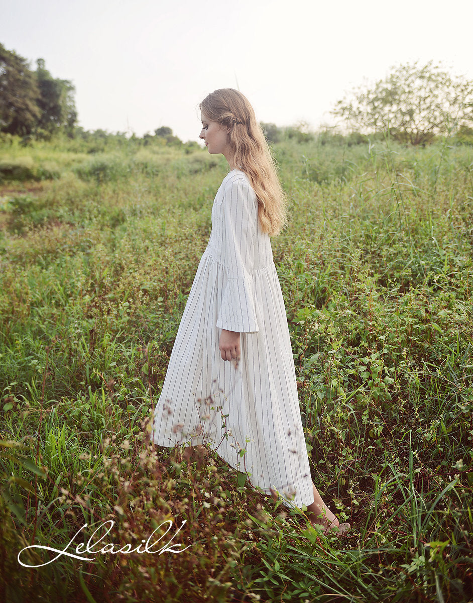 Linen Midi Dress - Women Linen Dress - Dress with Bell Sleeves - Organic Cotton