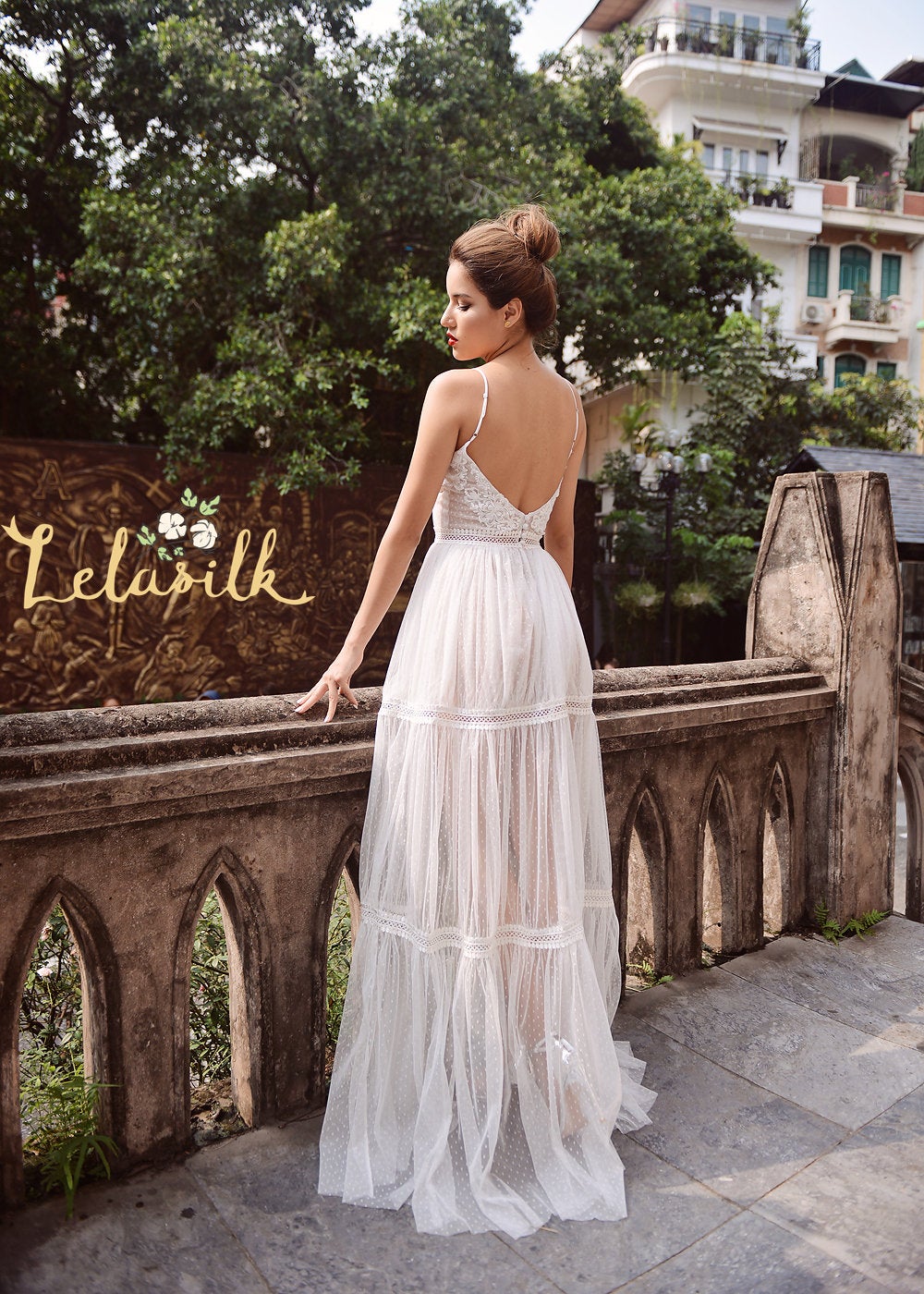 Lowback Bridal Gown with Straps - Embellished Wedding Dress - Lace and Tulle Wedding Dress