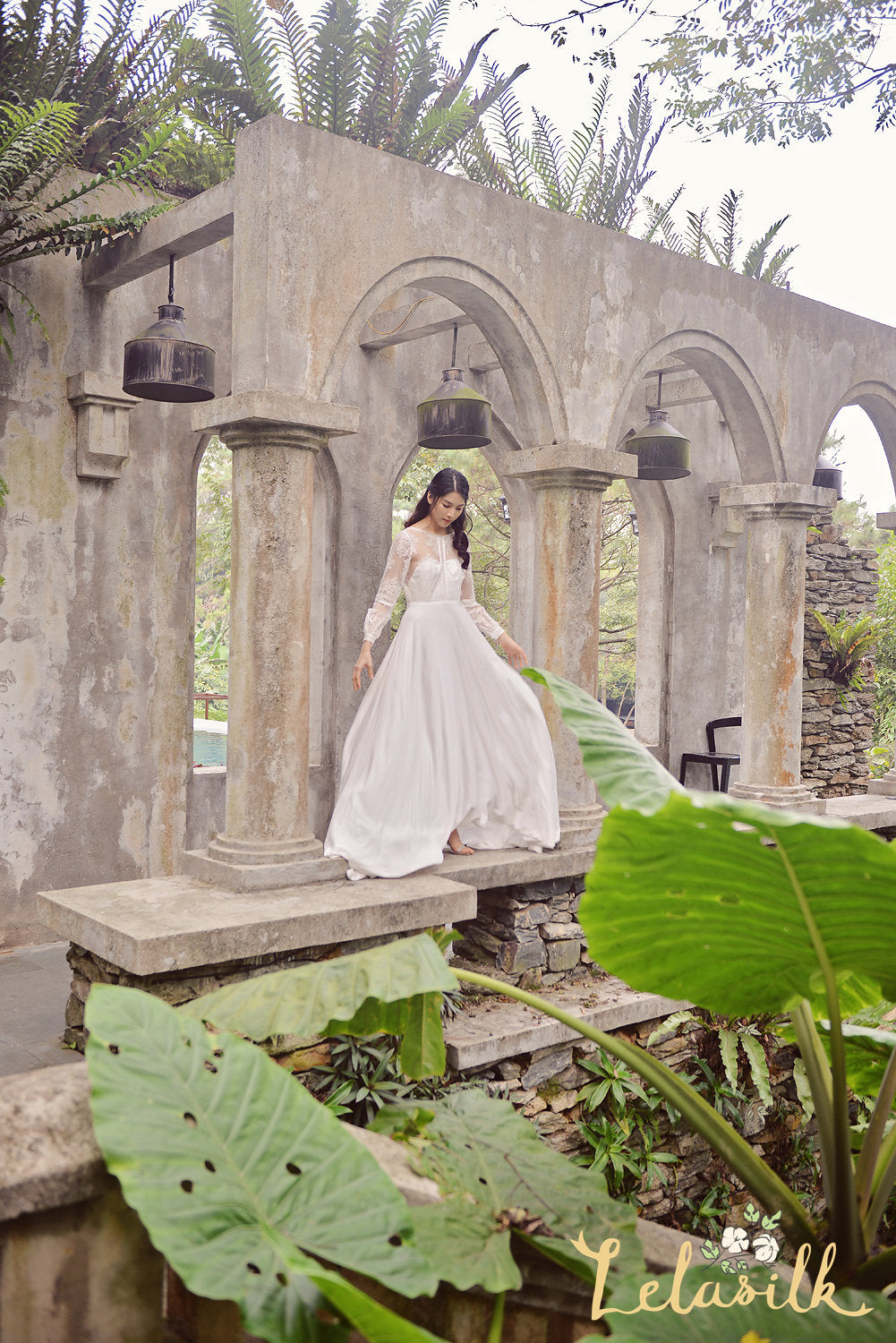 Modern Lace White Dress - Long Train Silk Dress - Silk Wedding Dress