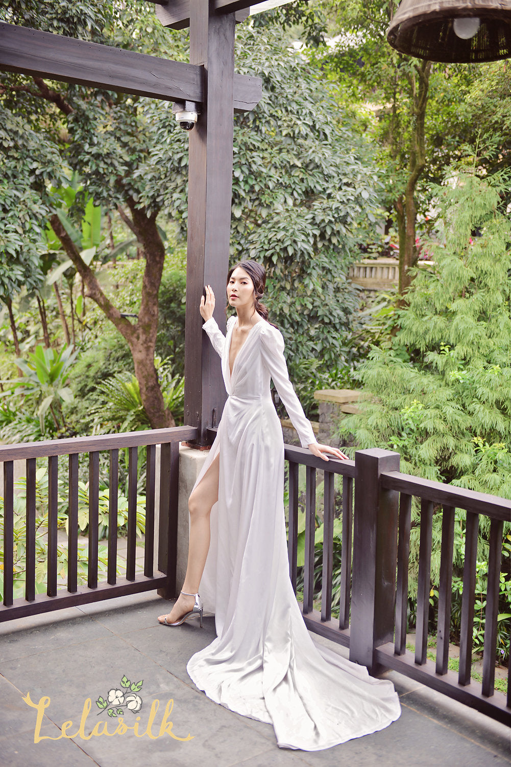 Bridal Gown with Long Train - Modern Simple Silk Dress - Long Train Silk Dress