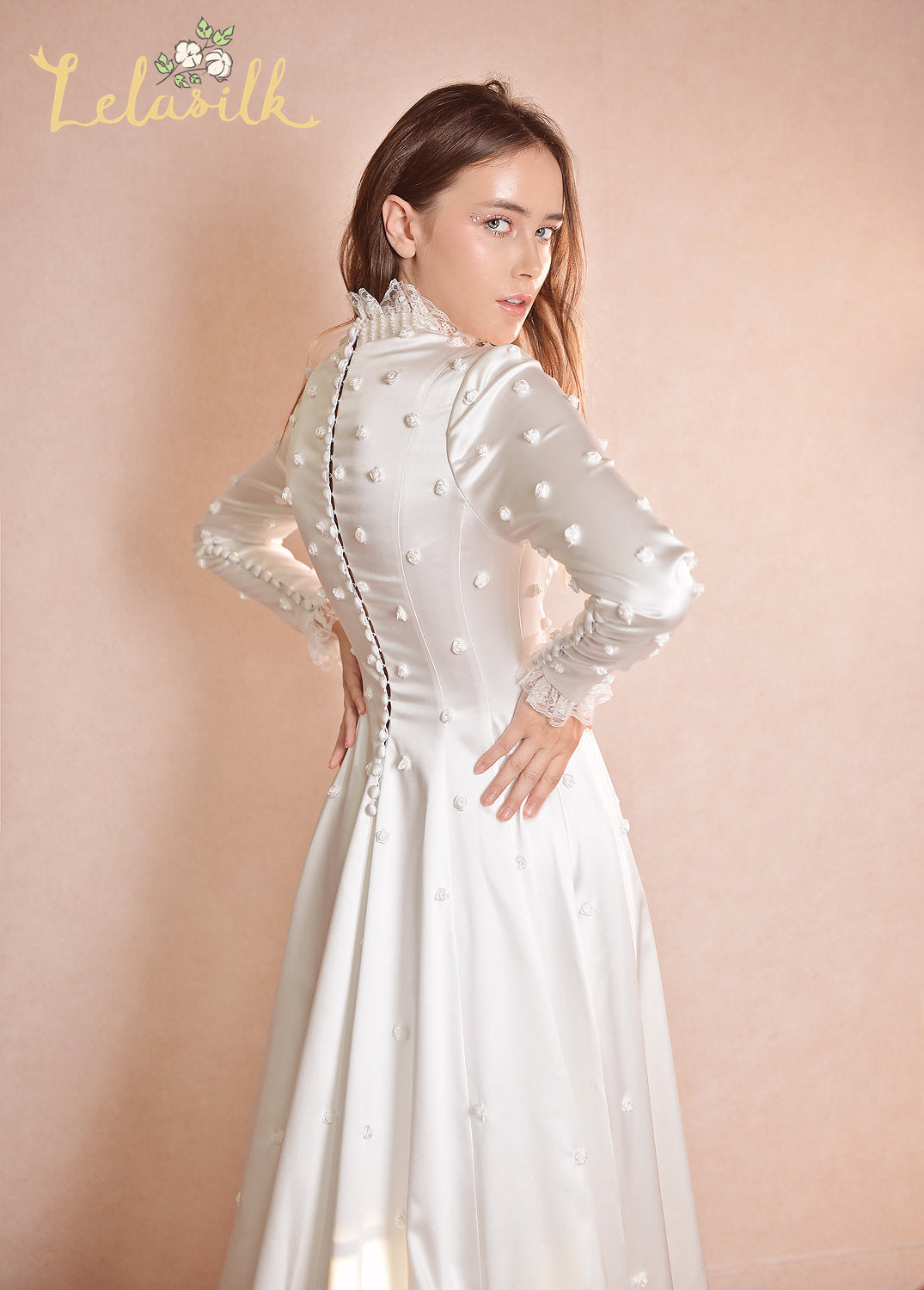 Embroidered Silk Dress - Classic Silk Wedding Dress - Flower Detailed Silk Gown
