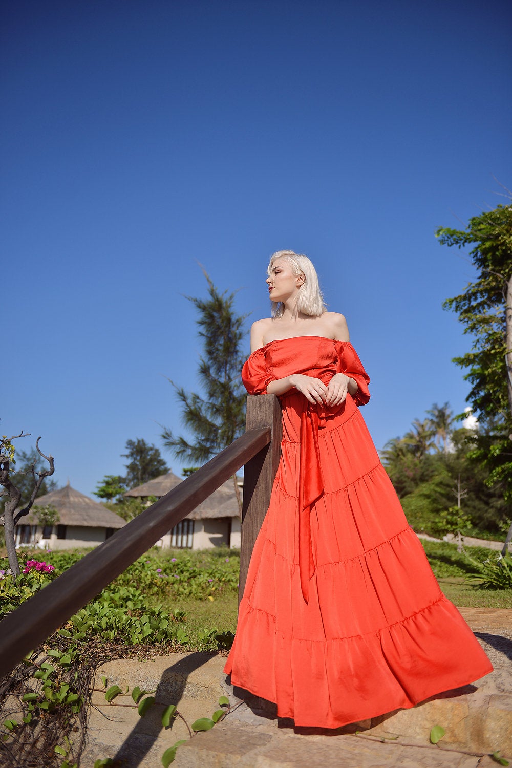 Maxi Silk Dress - Long Beach Dress - Women Off-shoulder Maxi Silk Dress - Boho Silk Dress