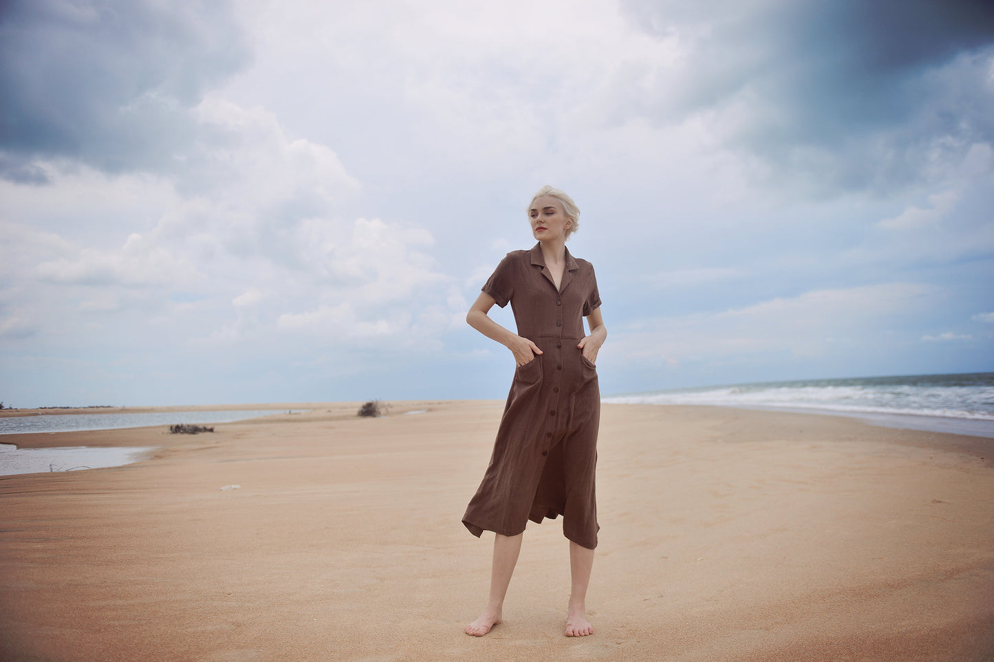 Button Linen Dress - Simple Cotton Dress - Short Sleeves Cotton Dress