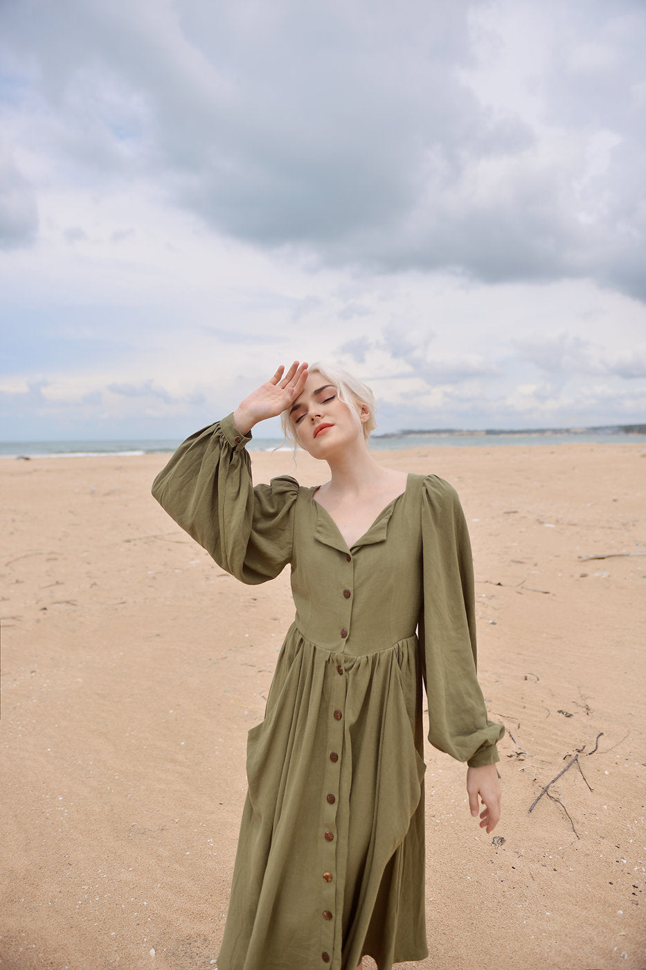 Linen Dress with Puff Sleeves - Long Linen Dress - Vintage Style Linen Dress - Folded Neck Long Dress