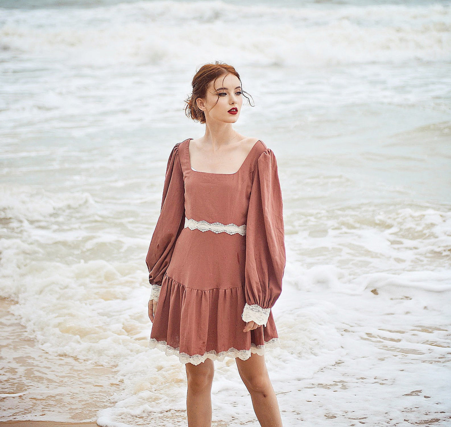 Cotton Dress Long Sleeves - Vintage Style Dress - Cotton Linen Midi Dress