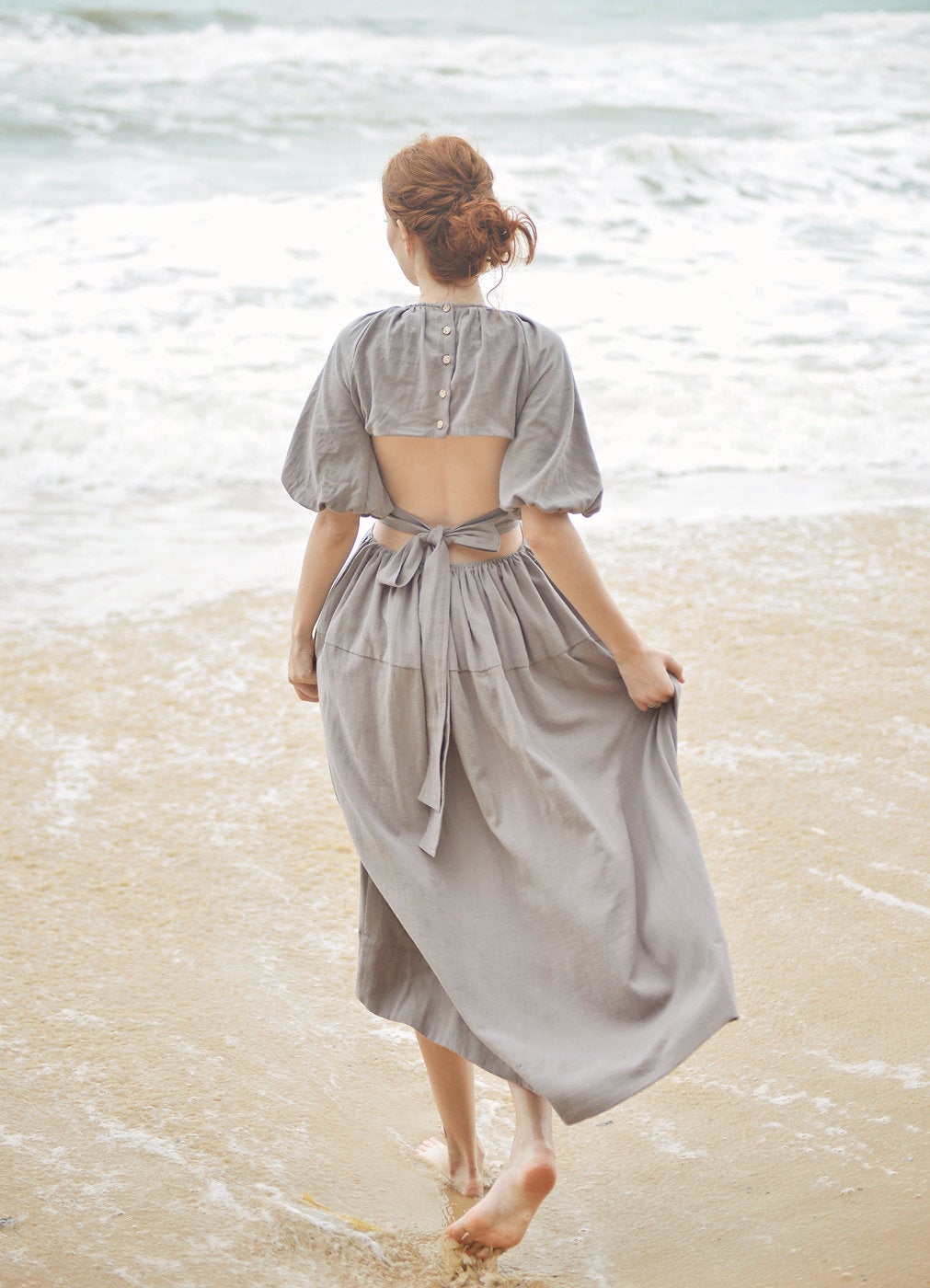 Open Back Linen Sundress - Linen Summer Maxi Dress - Backless Cotton Dress - Balloon Sleeves Dress - Bridesmaids Dress