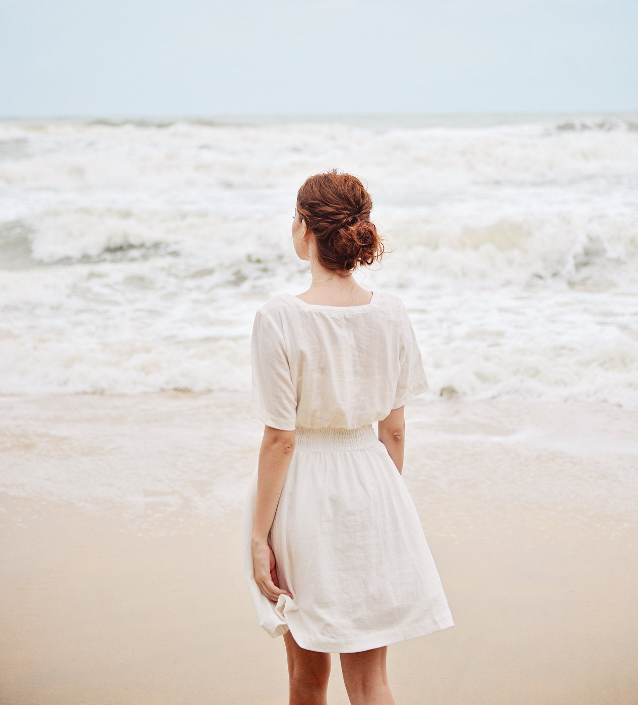 Cotton Mini Dress - White Linen Dress - Summer White Dress - Square neck - Short Sleeves - Button Down