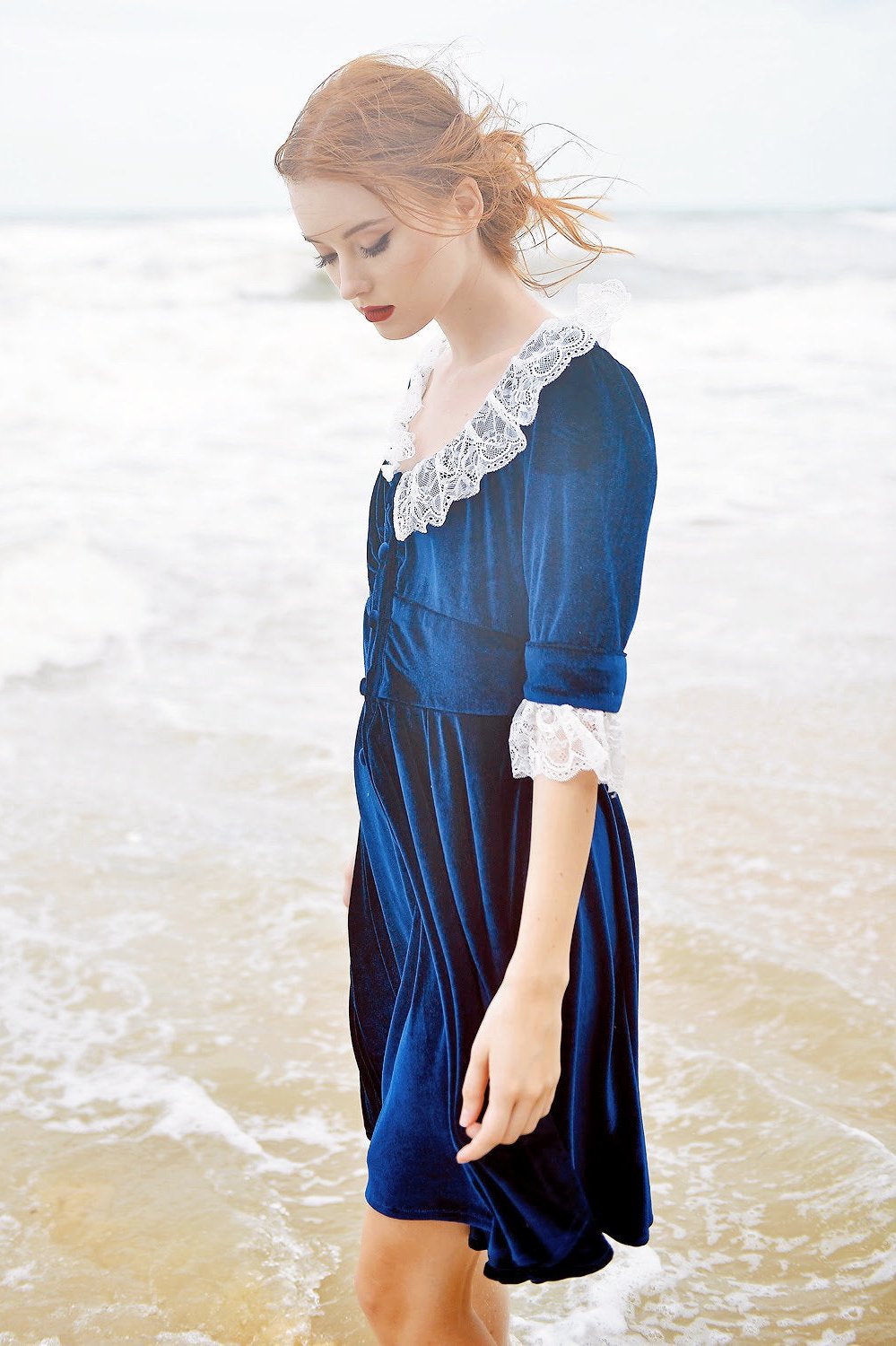 AKASHA Velvet Lace Collar Prom Dress