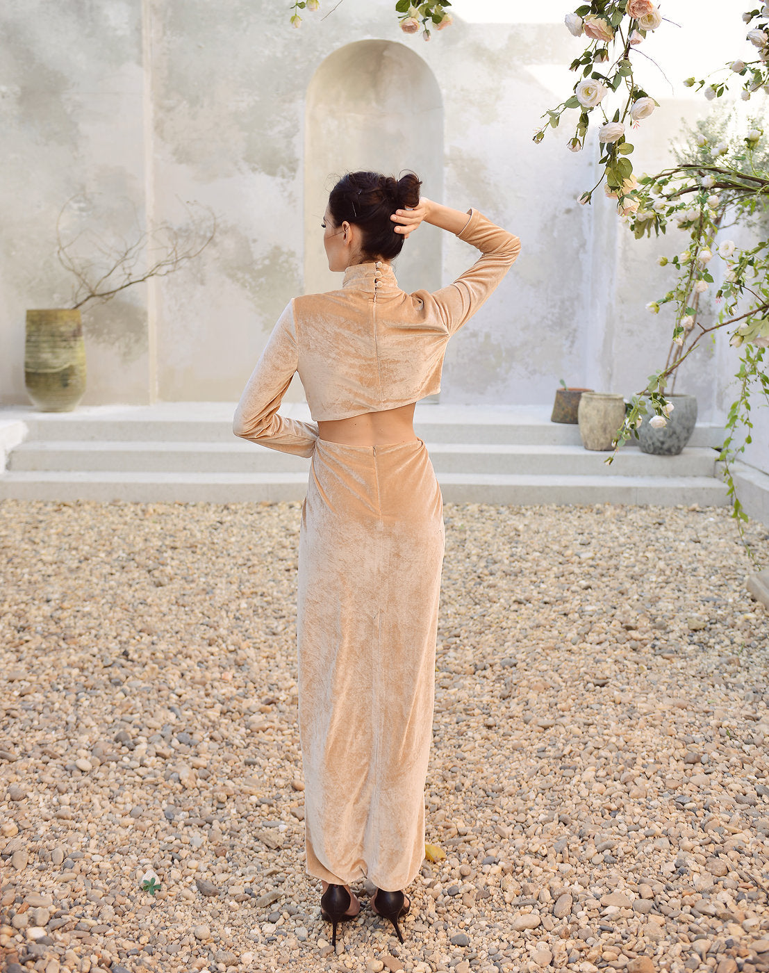 Open back Dress Full Length - Winter Women Dress - Beige Velvet Dress