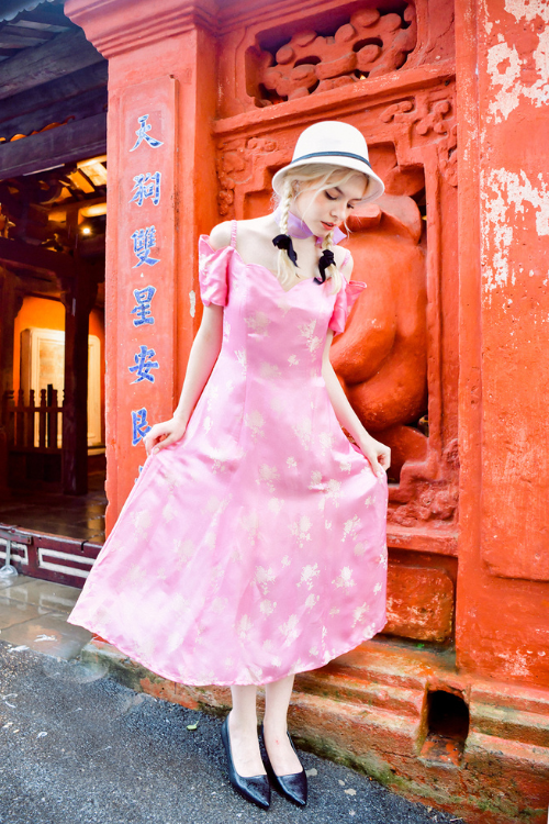 Jacqueline Heritage Mulberry Silk Off-the-Shoulder Midi Dress