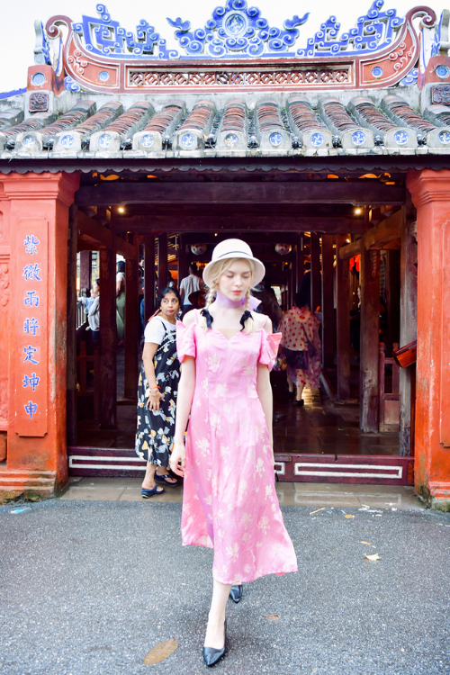 Jacqueline Heritage Mulberry Silk Off-the-Shoulder Midi Dress