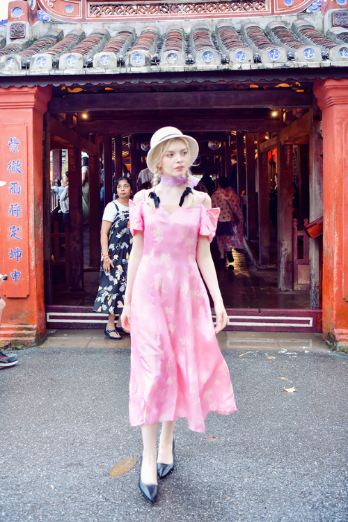 Jacqueline Heritage Mulberry Silk Off-the-Shoulder Midi Dress