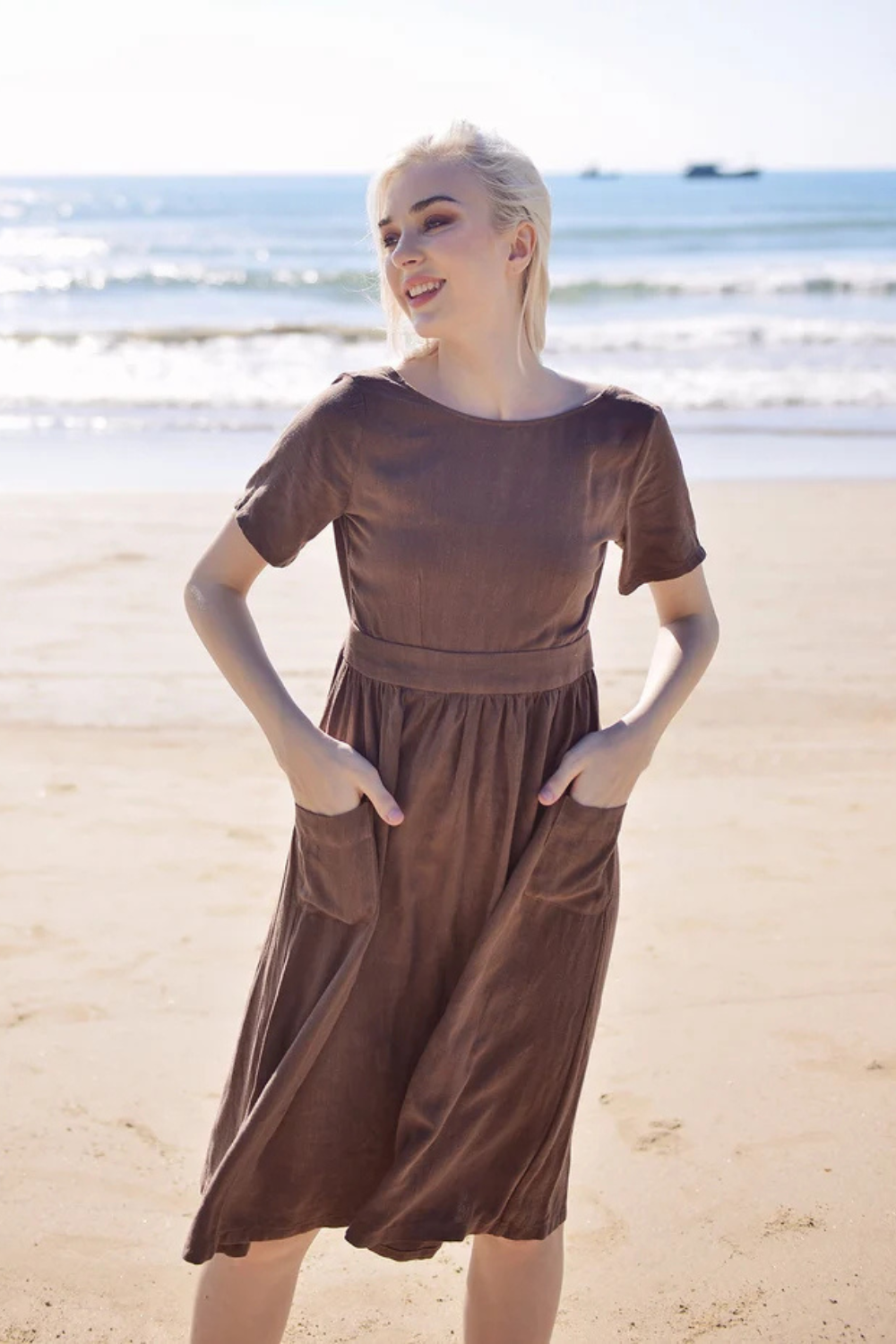 Openback Linen Dress - Linen Dress with Pockets - Openback Linen Dress - Natural Fabric
