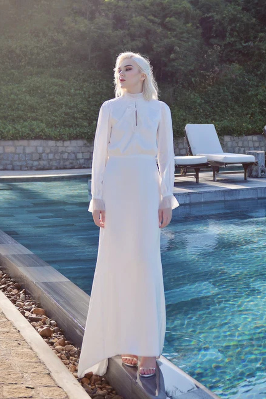 High Neck Silk Dress - Silk Wedding Dress with Long Sleeves - Silk Bridal Gown