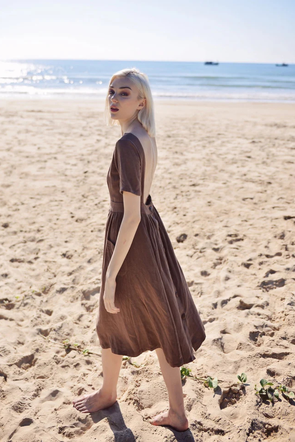 Openback Linen Dress - Linen Dress with Pockets - Openback Linen Dress - Natural Fabric