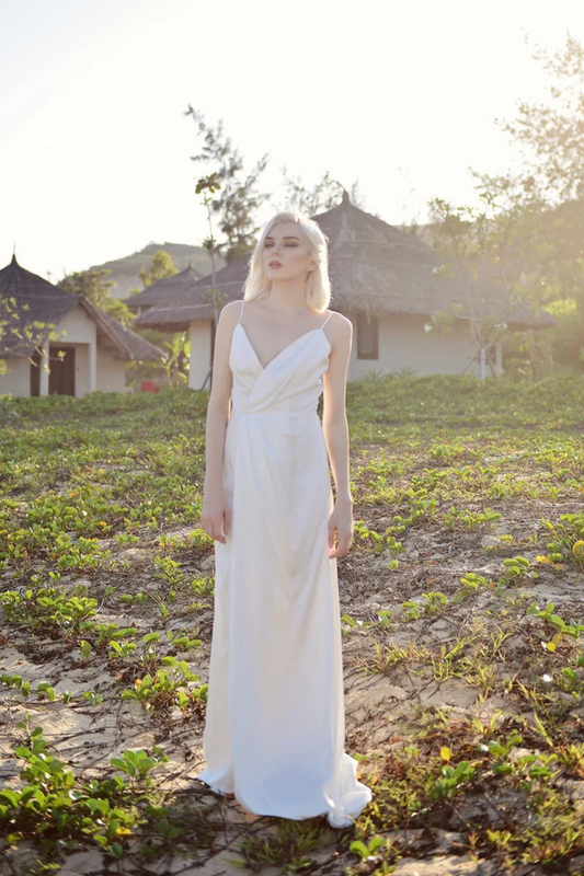 Vneck Wedding Dress Chapel Train - Silk Bridal Gown - Simple Wedding Dress