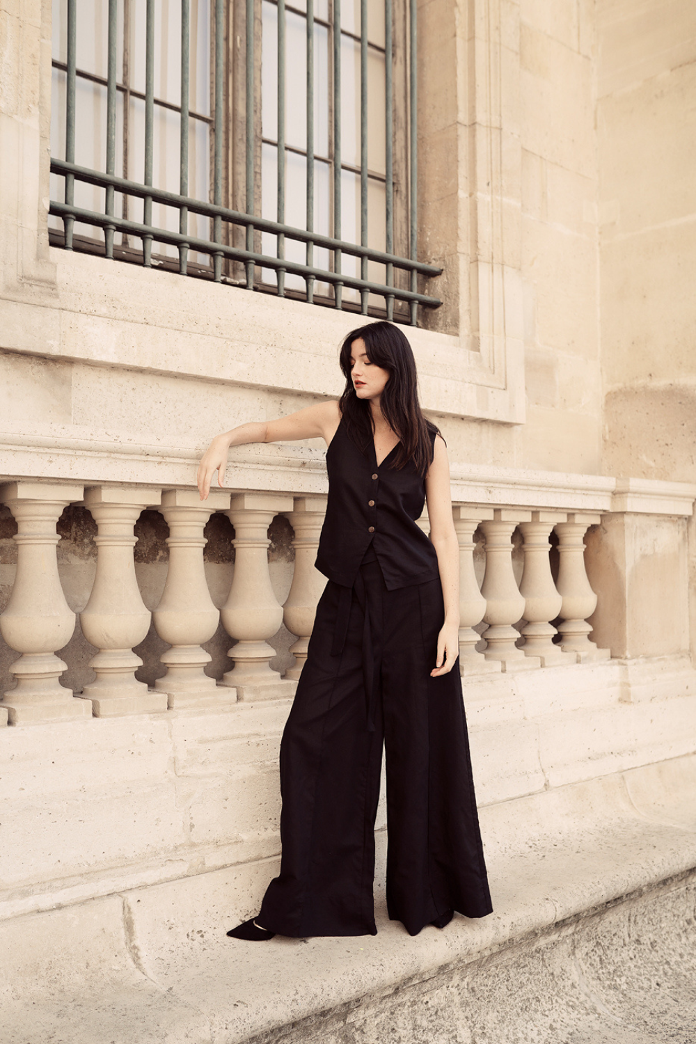 Pure Linen Relaxed Waistcoat and Wide Leg Pants Set for Women