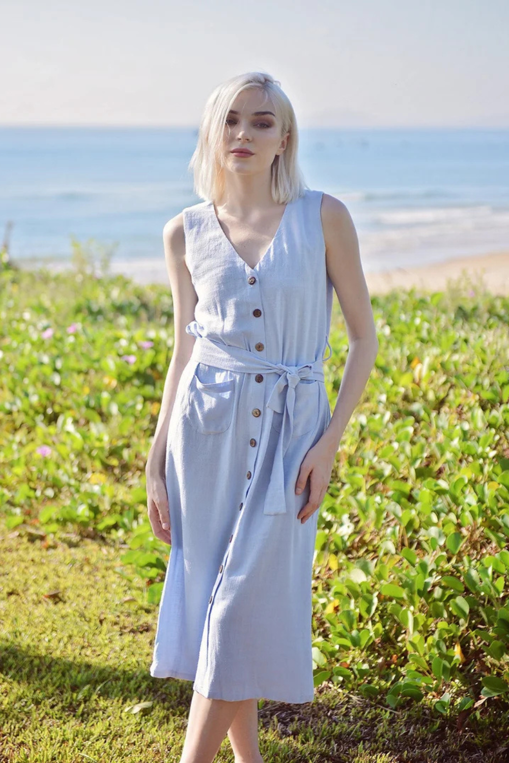Linen Cotton Midi Dress - Summer Linen Dress - Button Linen Dress - Organic Cotton Dress - Women Cotton Dress
