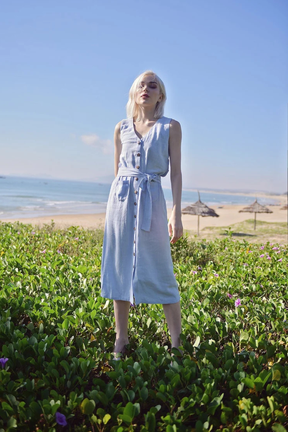 Linen Cotton Midi Dress - Summer Linen Dress - Button Linen Dress - Organic Cotton Dress - Women Cotton Dress