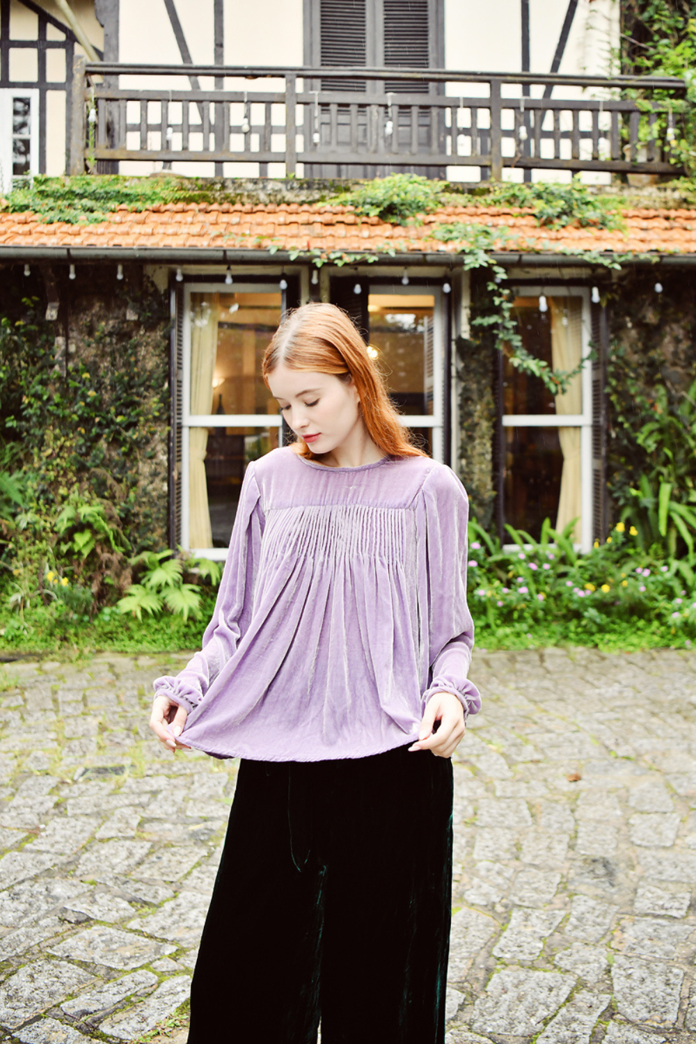 Pre-Raphaelite Silk Velvet Blouse for Women, Romantic Vintage Velvet Top