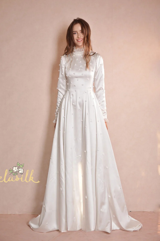 Embroidered Silk Dress - Classic Silk Wedding Dress - Flower Detailed Silk Gown
