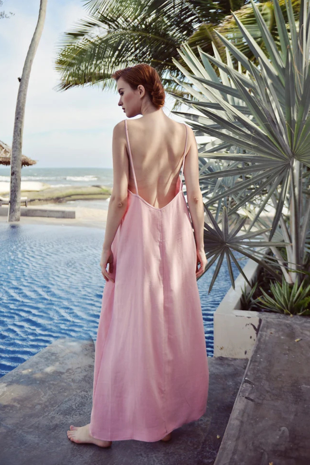 Linen Open Back Maxi Slip Dress for Women