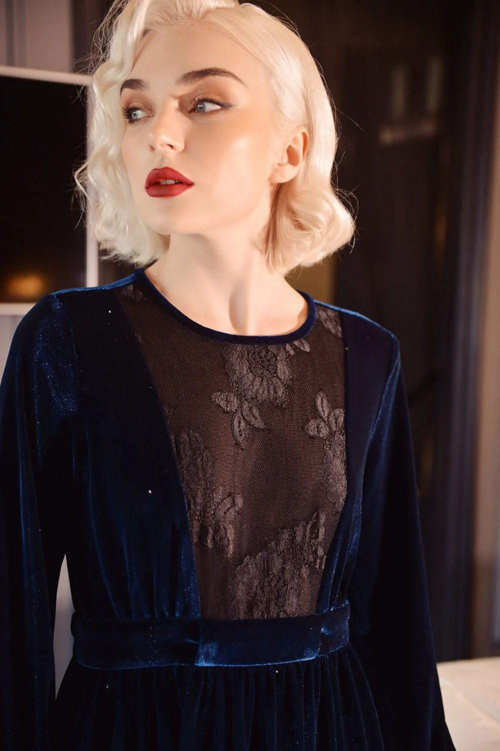Velvet Lace Panel Dress - Wedding Guest Dress - Midi Prom Dress
