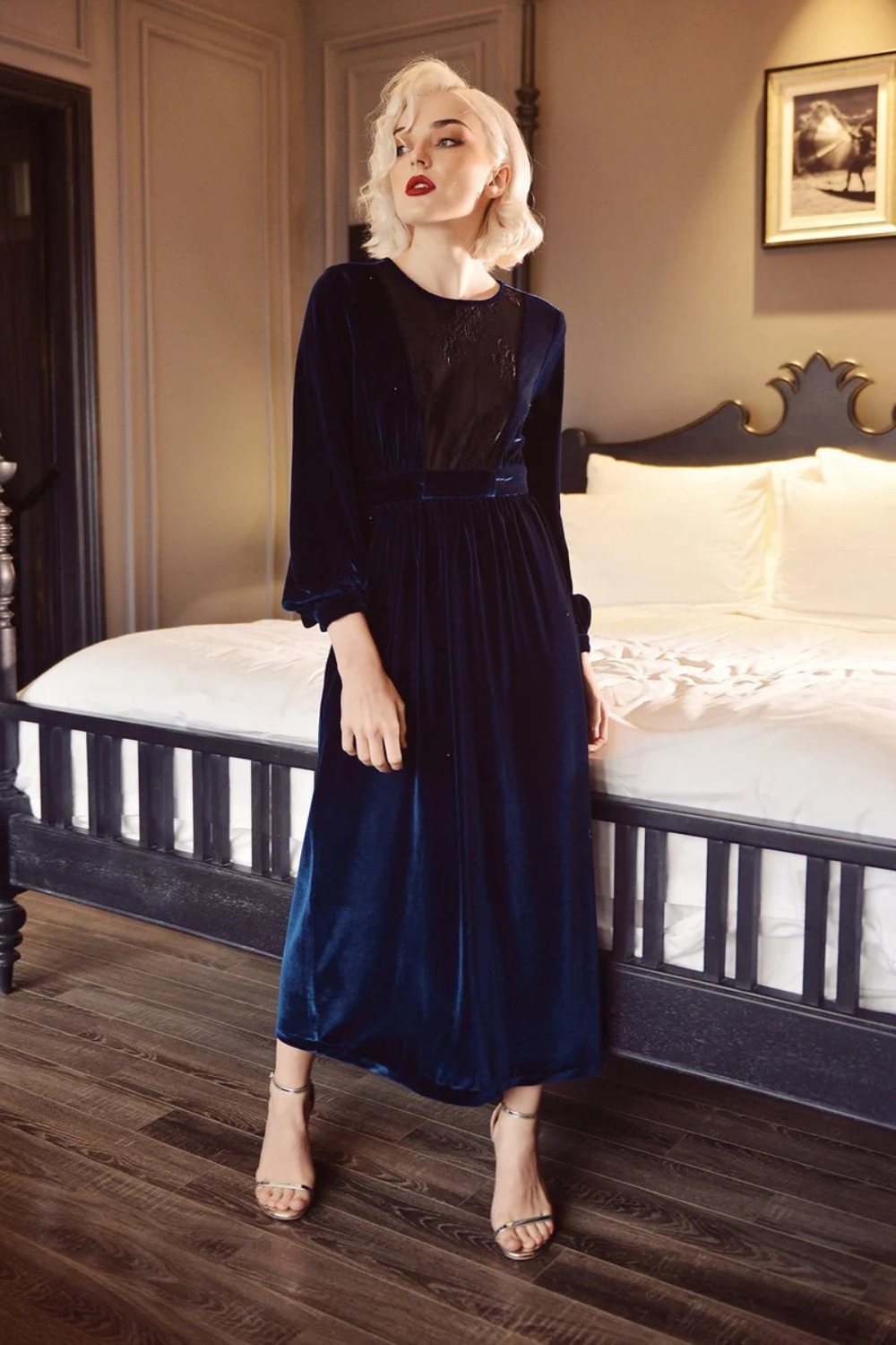Velvet Lace Panel Dress - Wedding Guest Dress - Midi Prom Dress